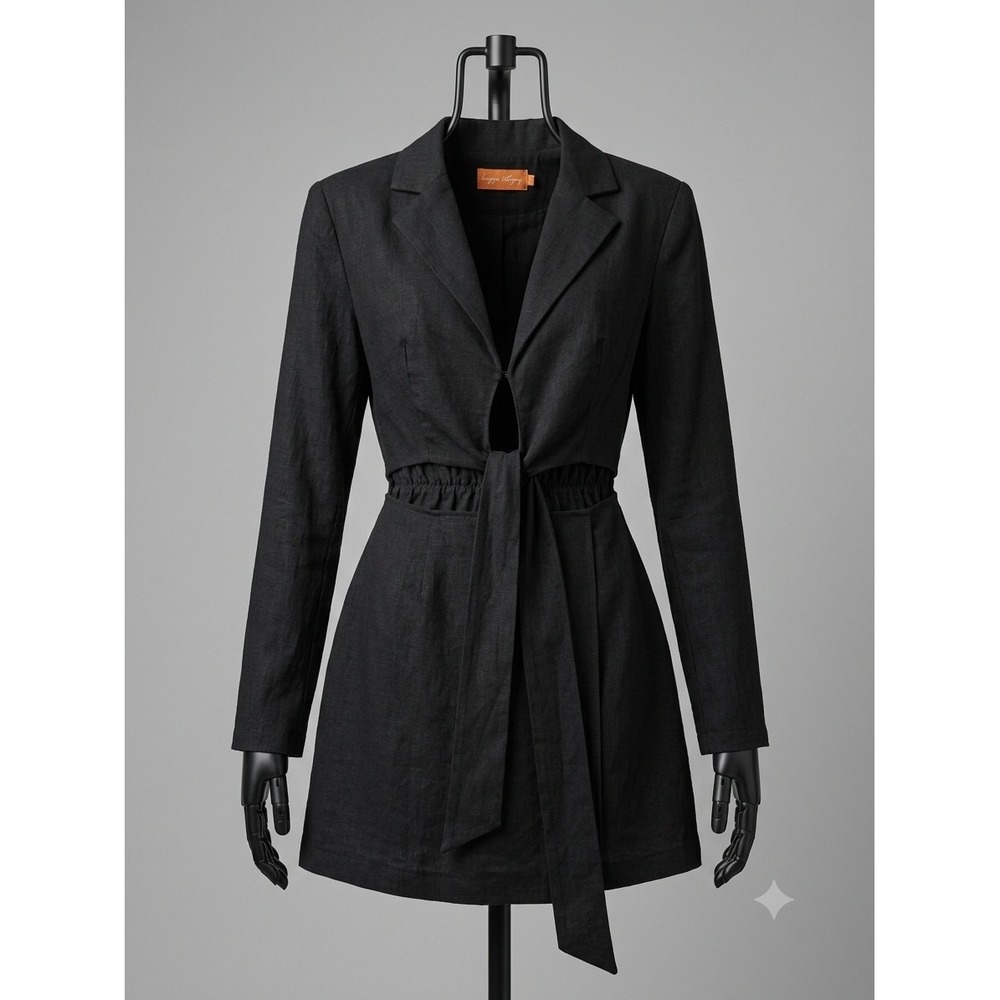 Beige Botany Black Linen Cutout Tie Waist Mini Blazer Dress Small